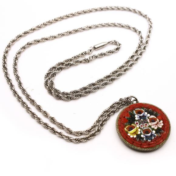 Vintage Micro Mosaic Floral Pendant Necklace Italy w Krementz Chain - Hey Viv - Picture 8 of 9